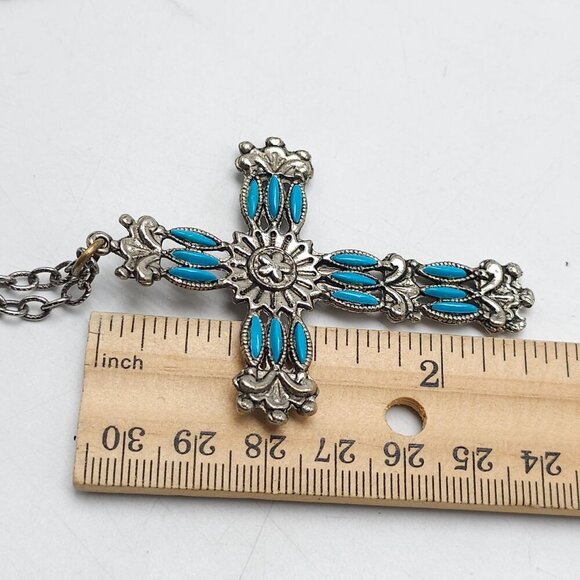 Vintage Turquoise Inlay Resin Silver-Tone Cross Pendant Necklace - Picture 5 of 6